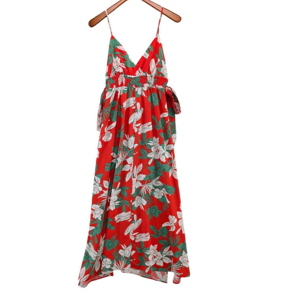 PINCH Tropical Maxi Dress Red Green Side Tie Sleeveless Side Slit V Neck Size M